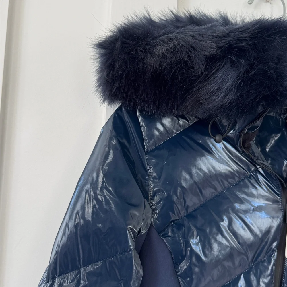 Sweaty Betty Navy Quilted Ski Jacket with Faux-Fur Hood
